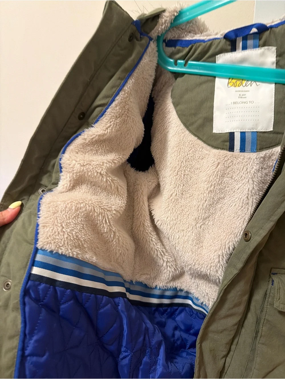 Kids Boden 5-6Y Olive Green Winter Parka with Faux Fur Hood